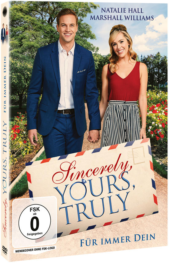 DVD-Cover: Paar hält Hände, Titel 'Sincerely, Yours, Truly' auf einem Briefdesign. Grüner Hintergrund.