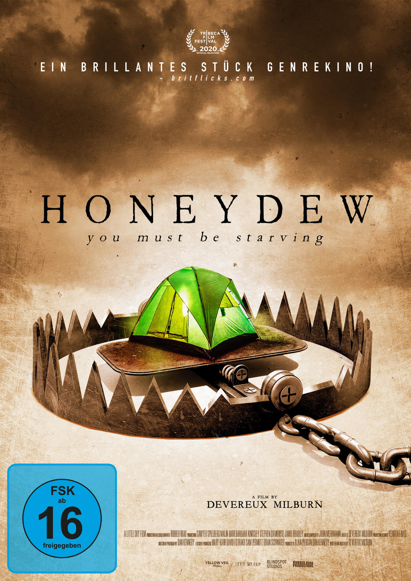 Filmplakat: Ein grünes Zelt in einer Bärenfalle. Titel: Honeydew. Der Hintergrund ist bewölkt mit Text.