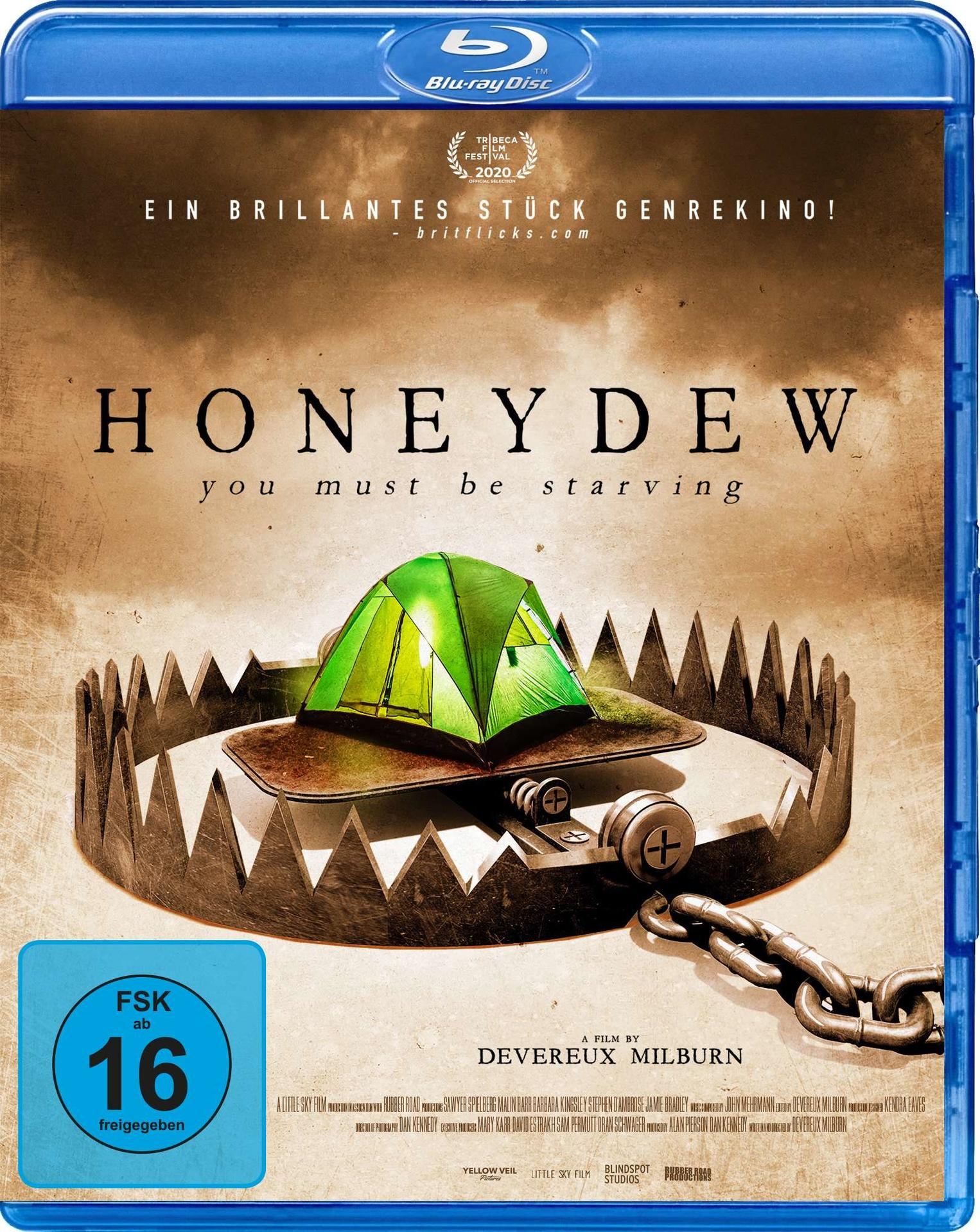 Blu-ray-Hülle mit Filmplakat. Ein grünes Zelt ist in einer Bärenfalle. Text: Honeydew.