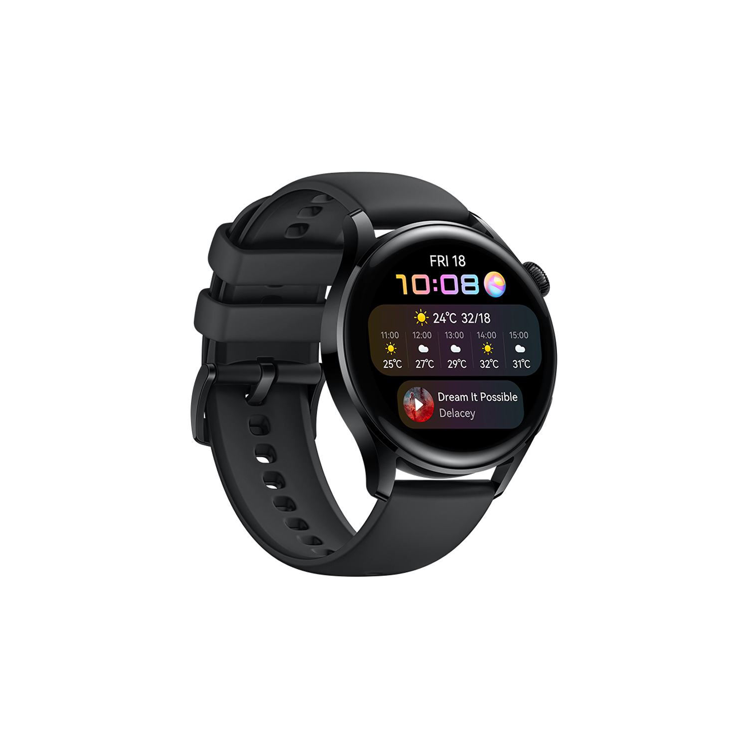 Reloj inteligente negro mostrando hora, fecha, temperatura e información del clima, sobre fondo blanco.