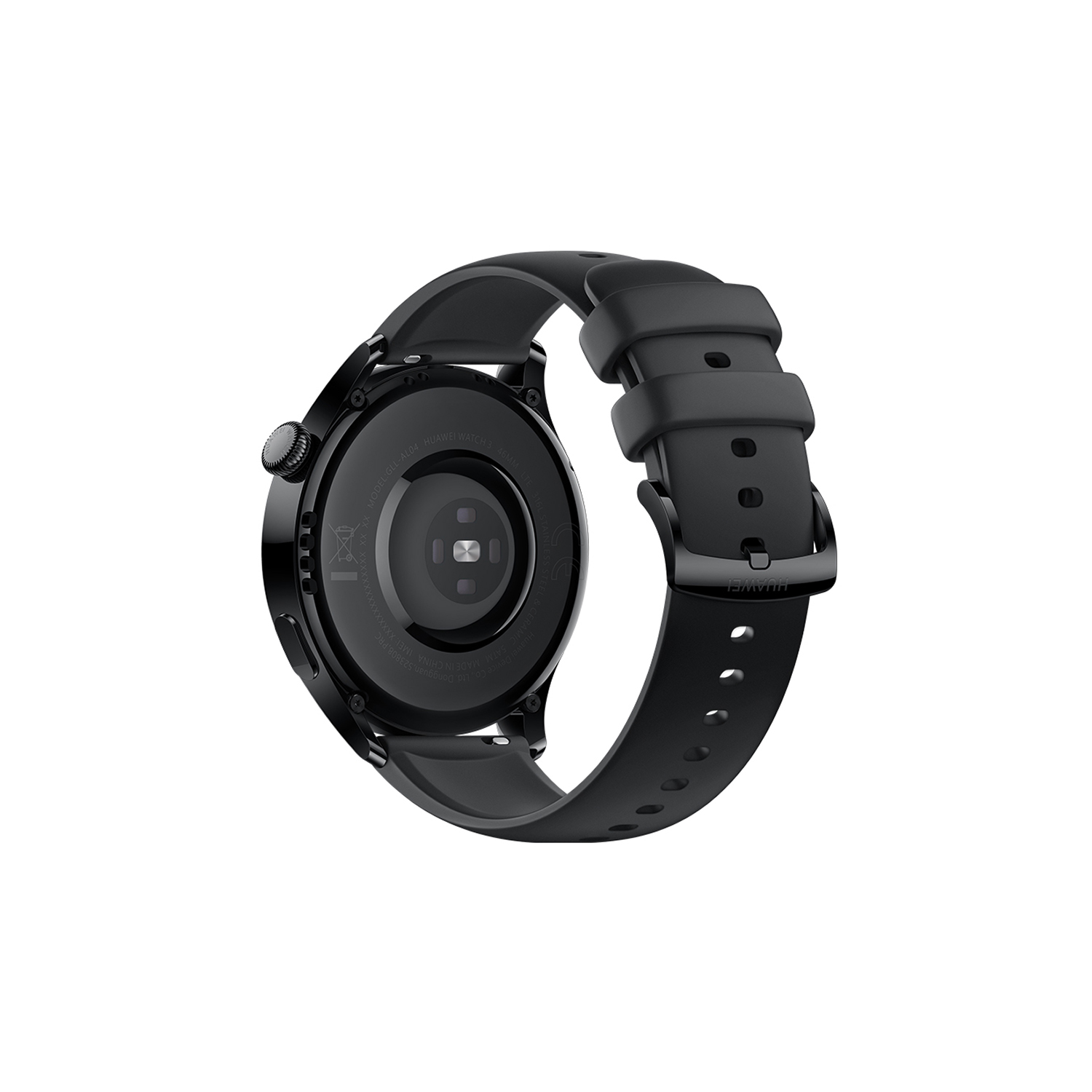 Un smartwatch Huawei negro. La parte trasera del reloj es visible, mostrando sensores y un enganche de correa.