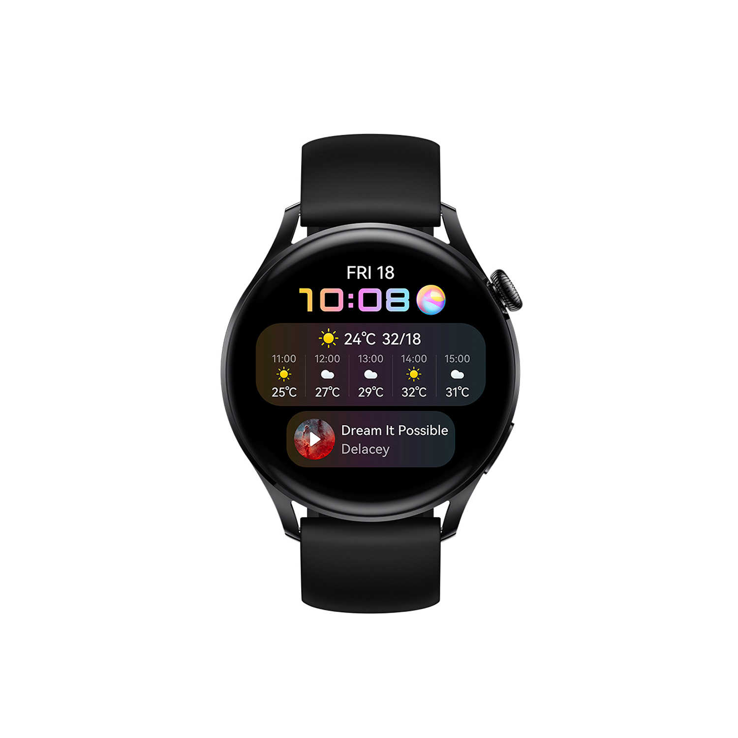 Un reloj inteligente negro con pantalla redonda que muestra la hora, el clima y controles de música.