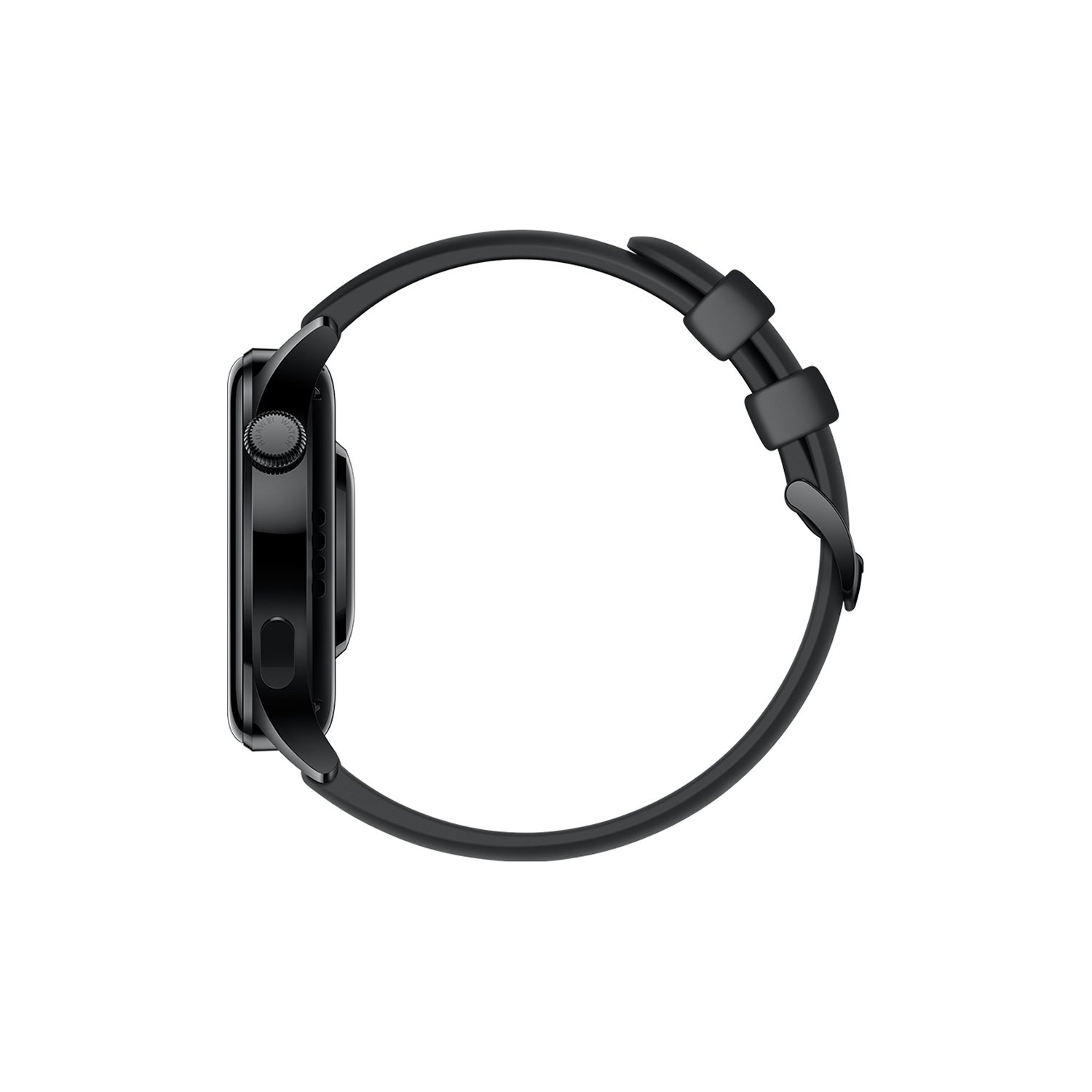 Smartwatch negra con correa negra, vista lateral.
