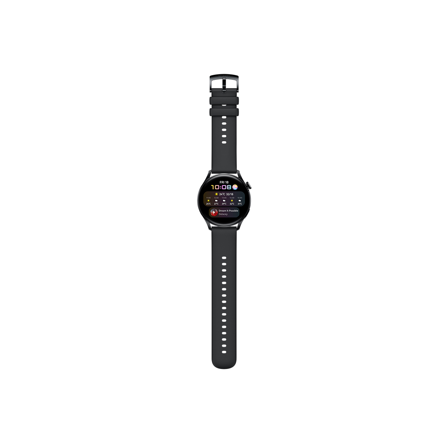 Smartwatch negra con esfera redonda y correa negra. Muestra la hora y métricas de salud.