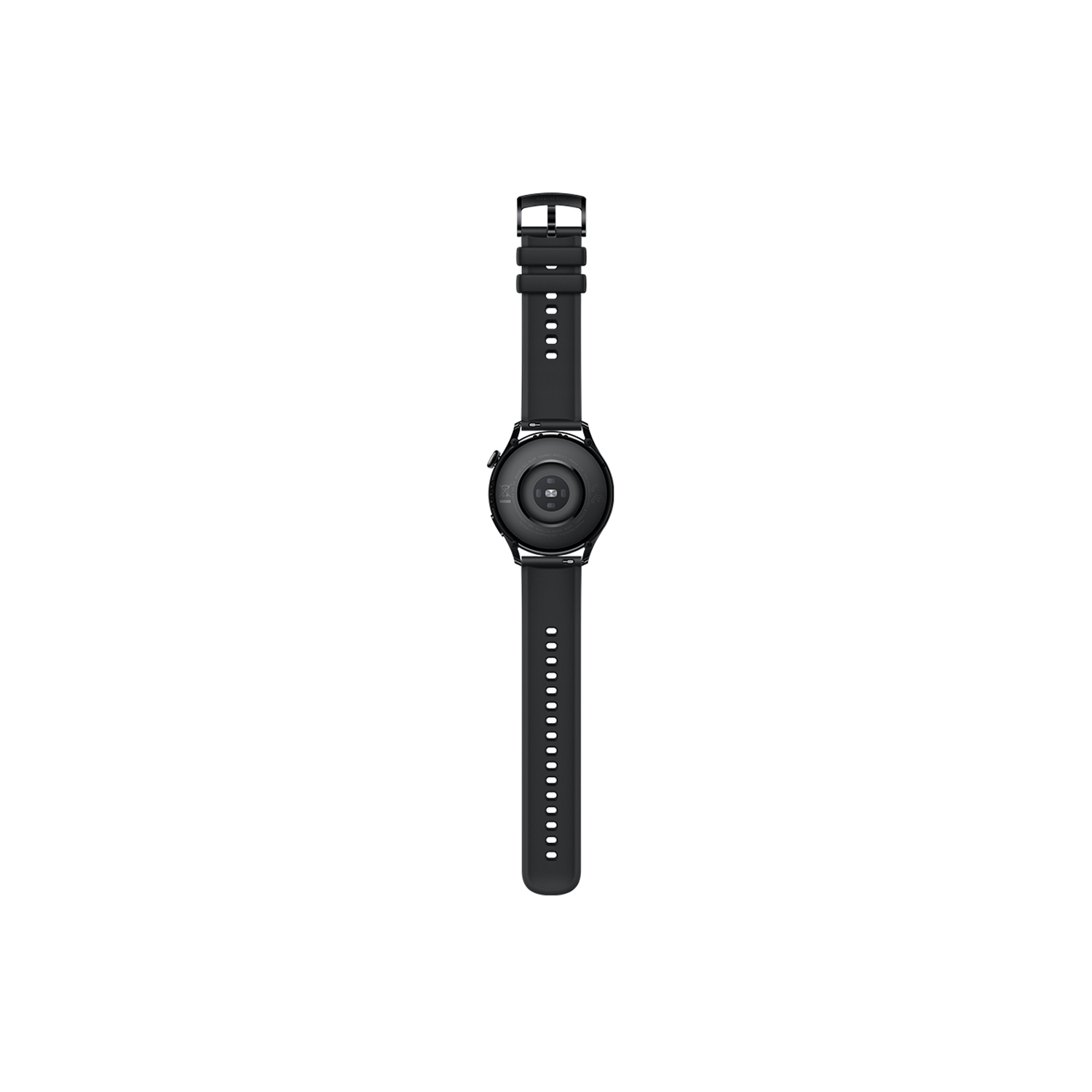 Smartwatch negra que muestra la parte inferior con un sensor de frecuencia cardíaca y correa.