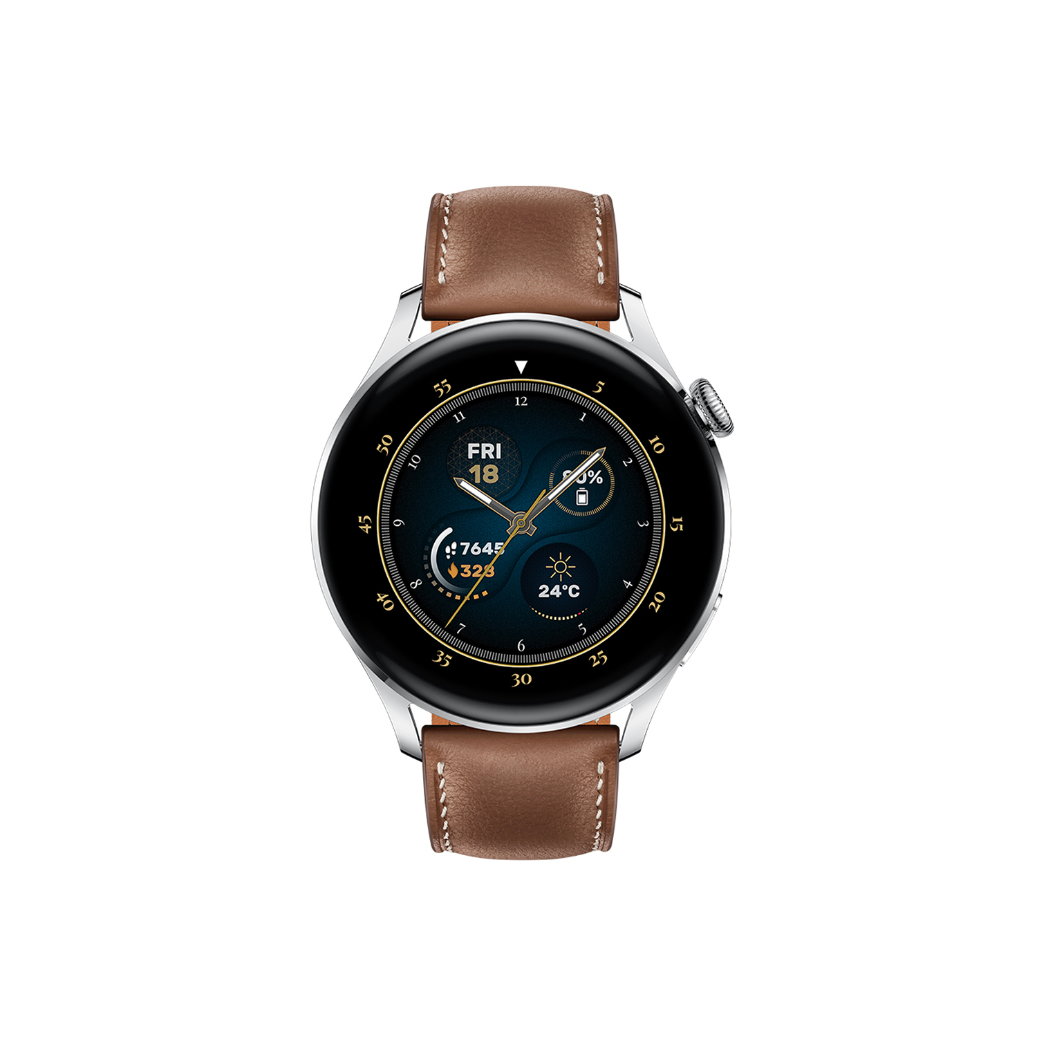 Un reloj inteligente con una correa de cuero marrón y una pantalla digital que muestra la hora e información.