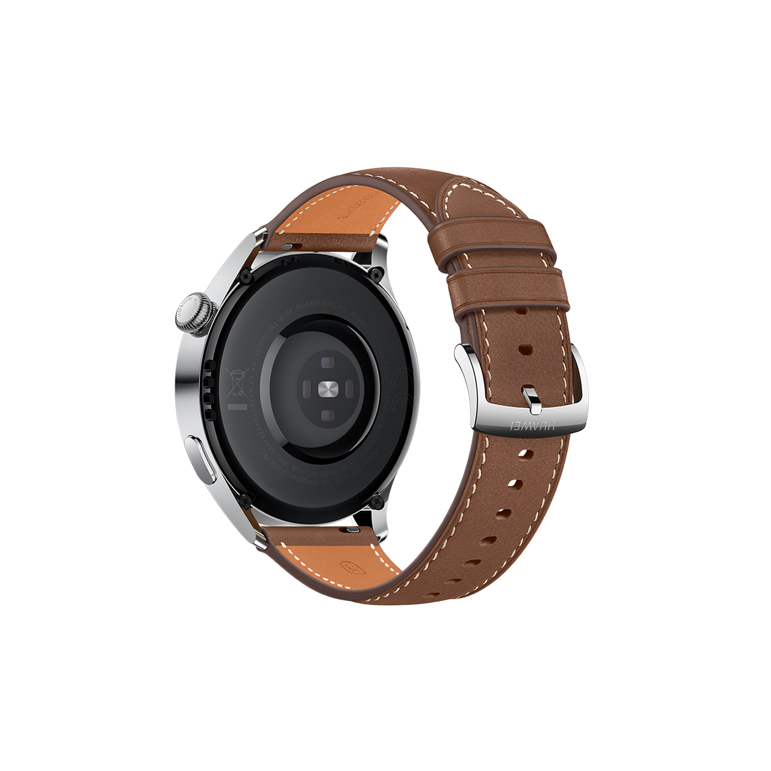 Vista trasera de un reloj inteligente plateado con correa de cuero marrón y cierre.
