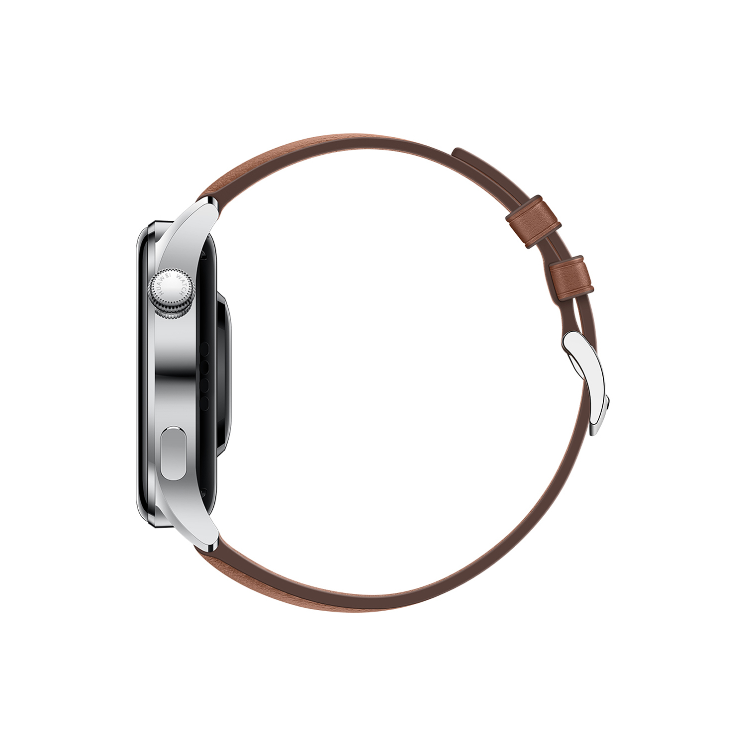 Un reloj inteligente plateado con correa de cuero marrón, vista lateral, fondo blanco.