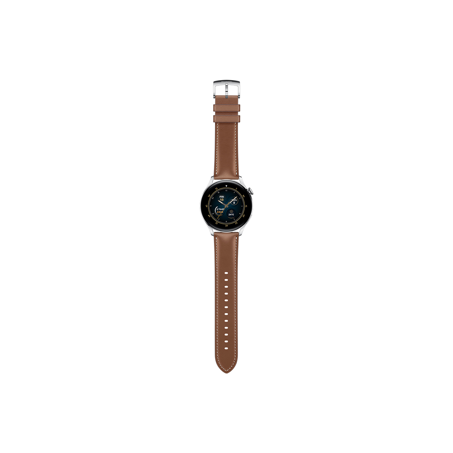 Un reloj con correa de cuero marrón. La esfera es redonda con caja plateada.