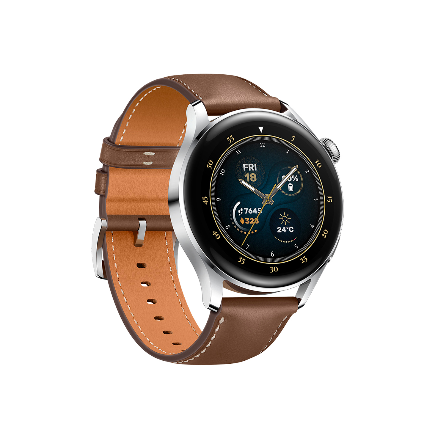 Smartwatch con correa de cuero marrón. La esfera del reloj muestra la hora, los pasos y un icono de sol. Marco plateado.