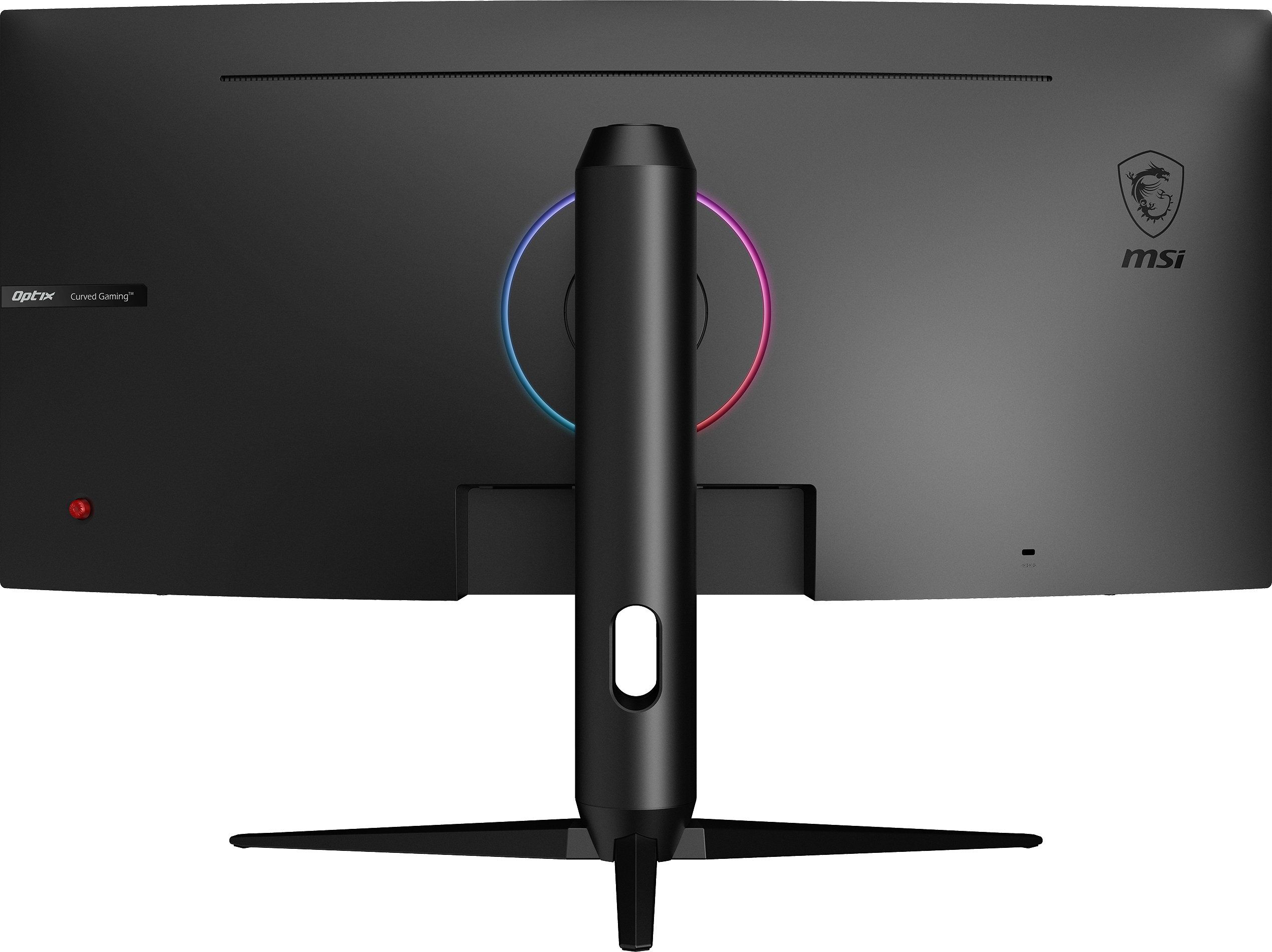 MSI Curved Gaming-Monitor, Rückansicht. Schwarz mit roten und blauen Akzenten.
