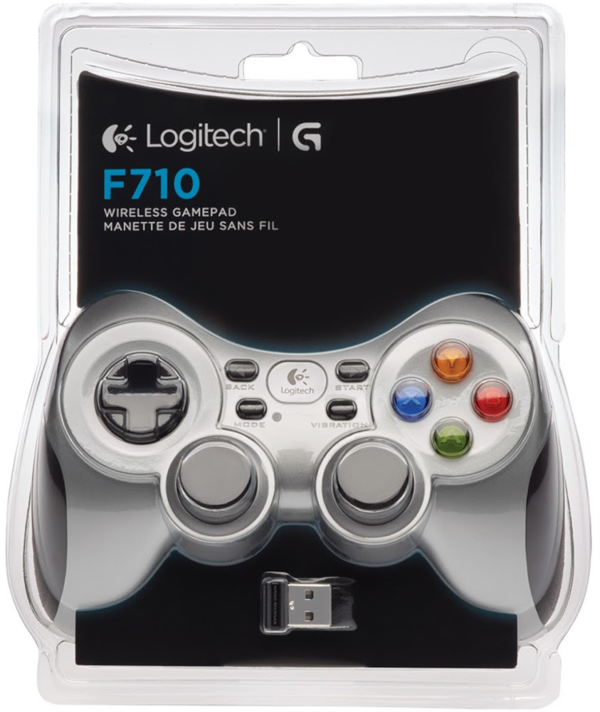 Zilveren Logitech F710 draadloze gamepad verpakt in doorzichtig plastic.