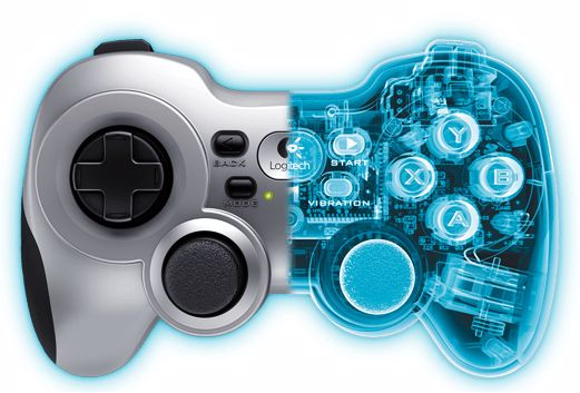 Een gamecontroller, half in grijs plastic en half met interne blauwe circuitcomponenten.