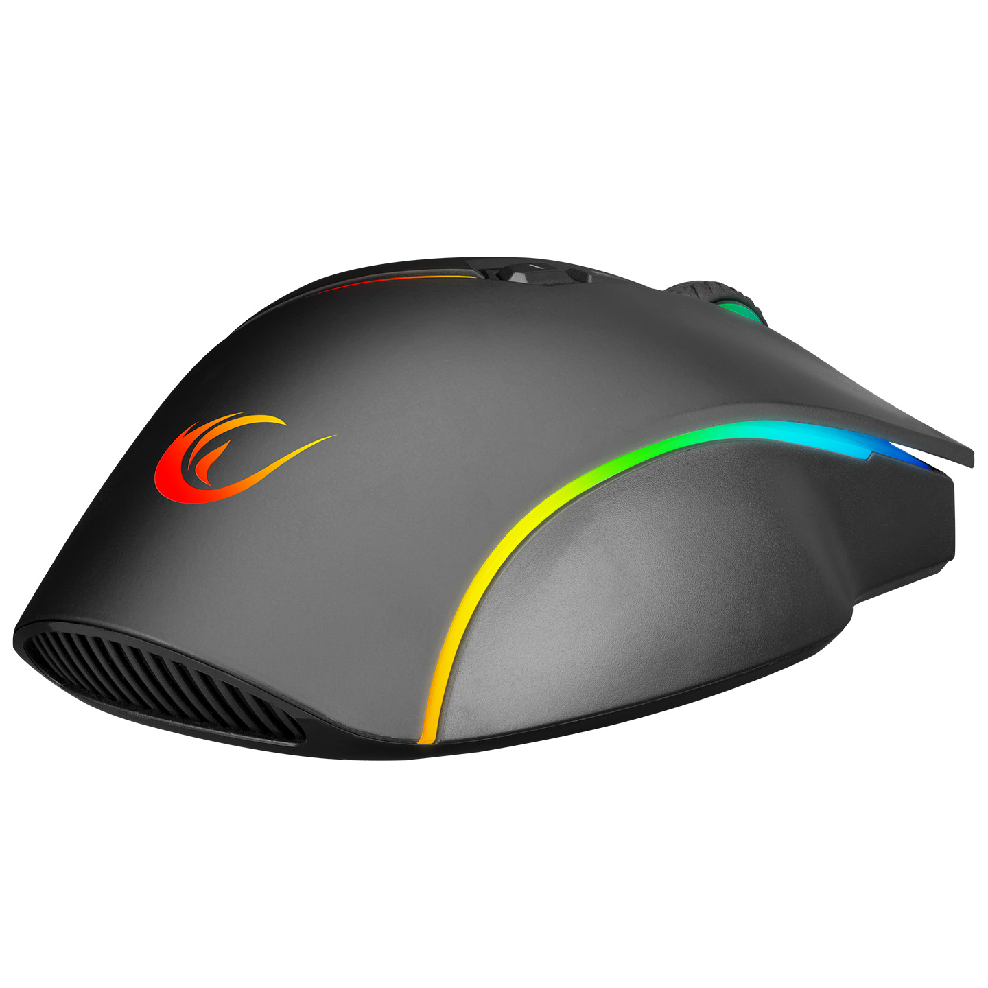 Oyun faresi, siyah, RGB aydınlatma, yan görünüm, renkli, ergonomik.