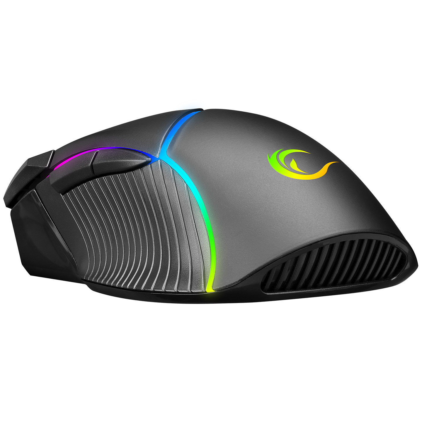 RGB aydınlatmalı siyah oyun faresi. Beyaz zeminde, yan görünüm.