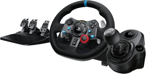 Volant de jeu avec pédales et levier de vitesse. Noir et gris, avec des accents bleus. Fond blanc.