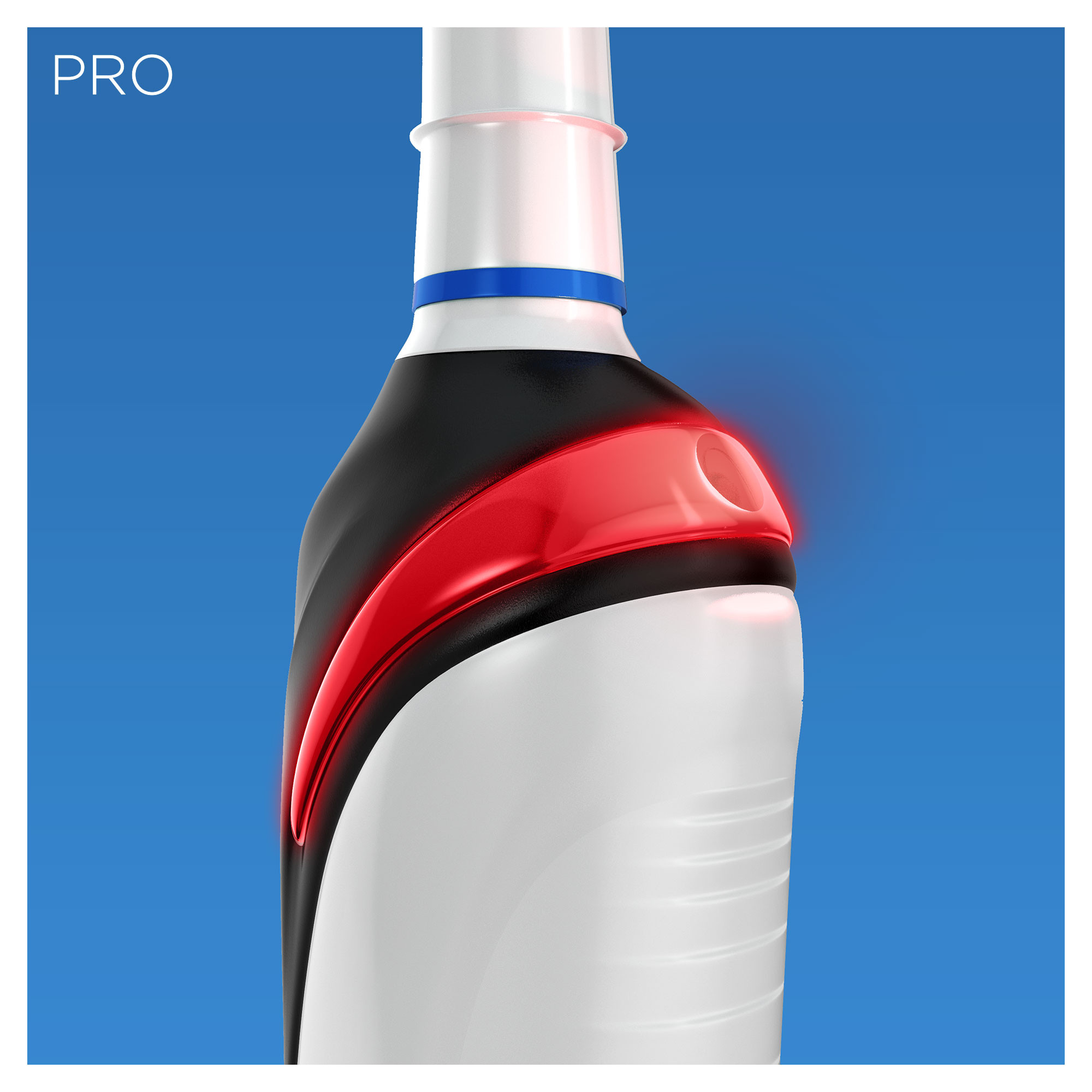 Nahaufnahme einer Zahnbürste. Die Bürste hat ein rotes Licht und das Wort PRO oben.