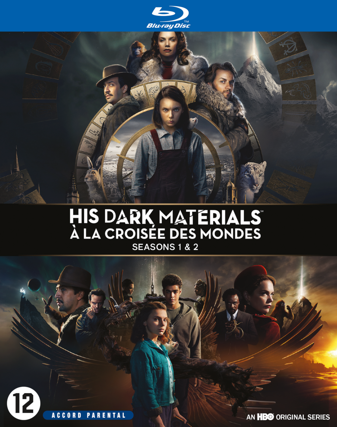 Blu-ray-hoes: His Dark Materials. Twee afbeeldingen, acteurs bovenaan en onderaan. Een fantasie-instelling met tekst.