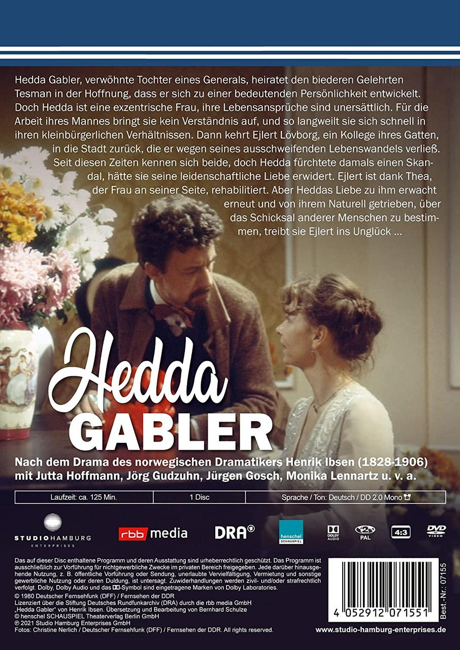DVD-Cover mit zwei Personen, dem Titel 'Hedda Gabler' und Werbetext. Eine Frau und ein Mann stehen sich gegenüber.