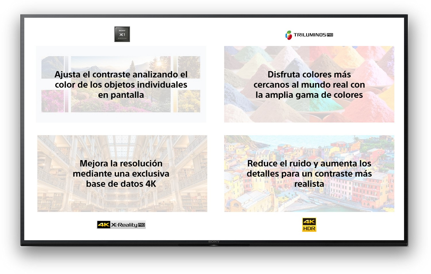 Gran pantalla de TV con detalles sobre la calidad de imagen. Los textos están en español. La pantalla es negra.