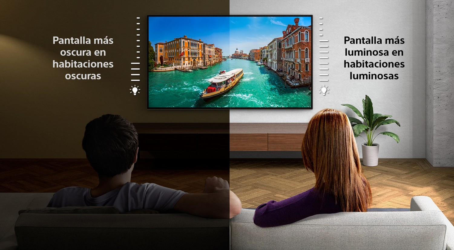 Una pantalla dividida que muestra un televisor en entornos oscuros y luminosos.
