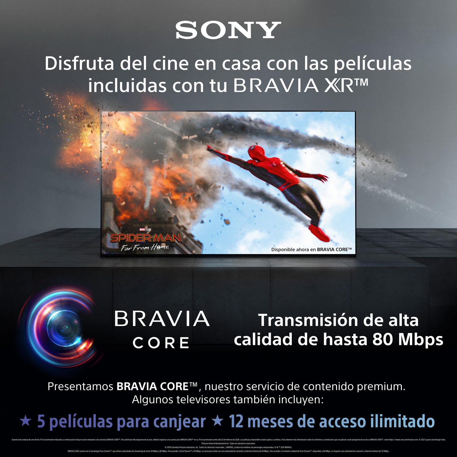 Un televisor Sony BRAVIA muestra una escena de la película Spiderman, con texto y logotipos, en un entorno doméstico.