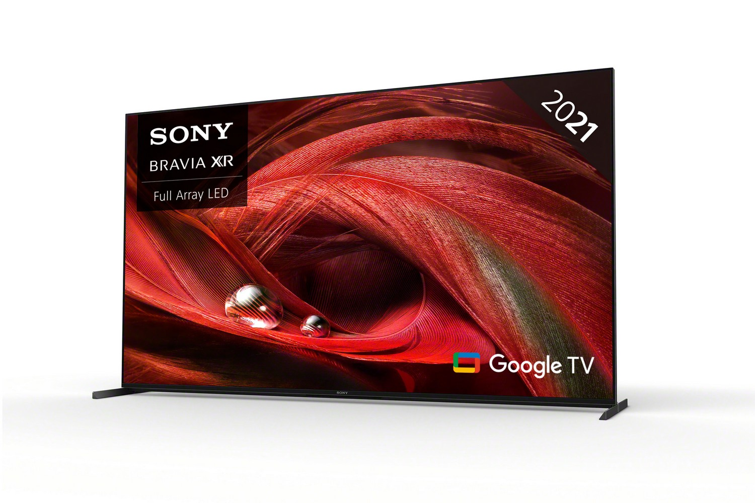 Un televisor Sony muestra un diseño abstracto rojo con esferas metálicas.