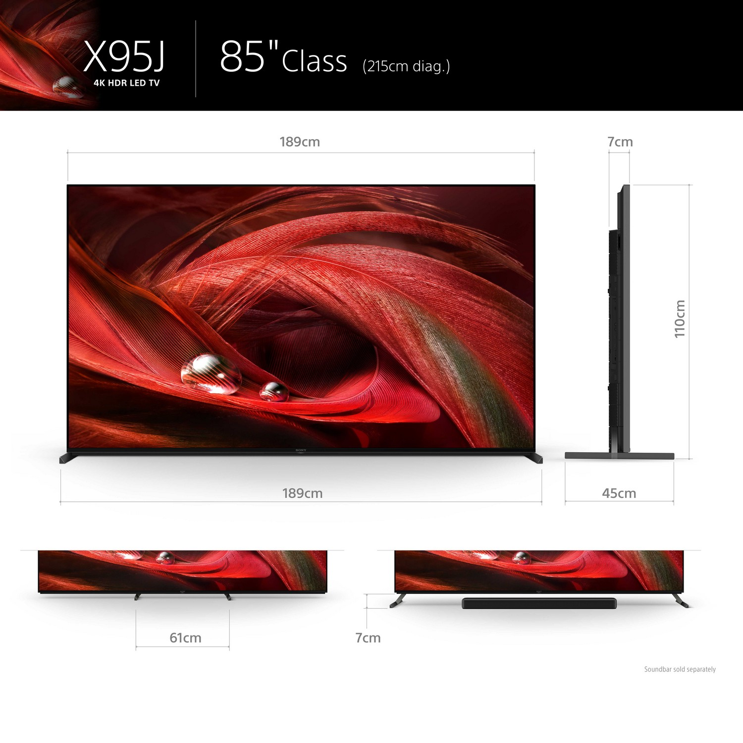 Una pantalla de TV grande con dimensiones y detalles técnicos. También se muestran un soporte y una barra de sonido.