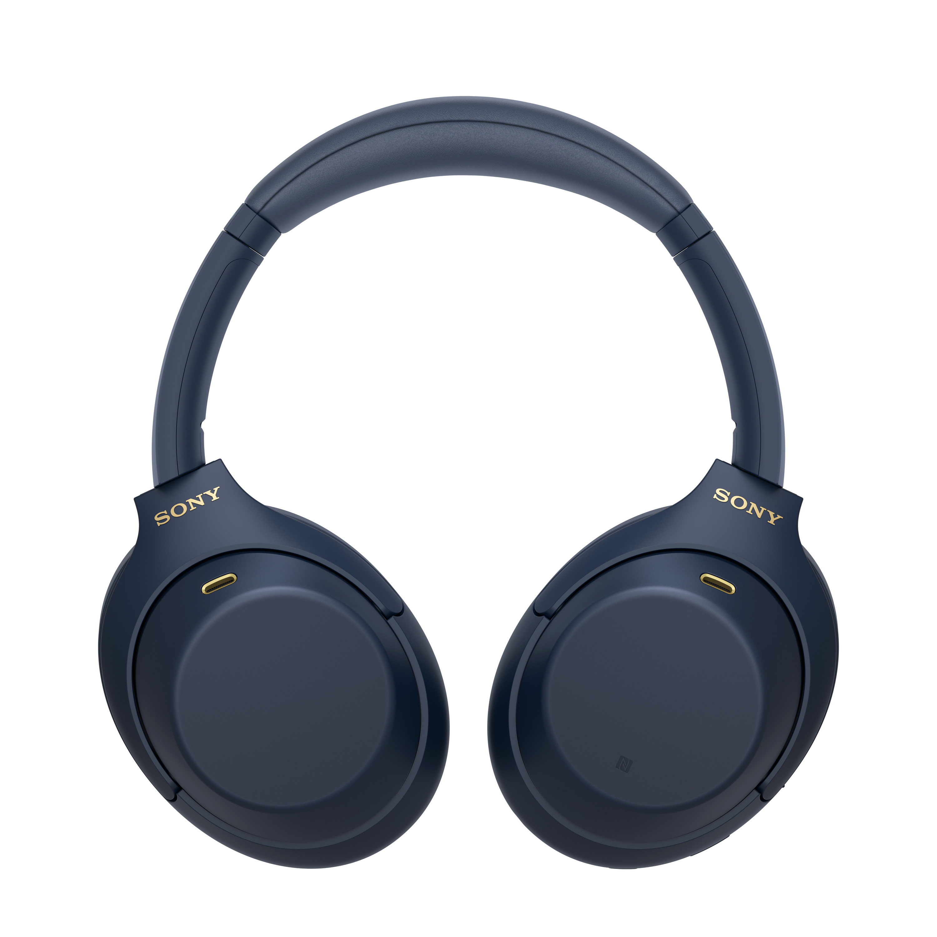 Un par de auriculares azul marino con el logotipo de SONY en los auriculares, contra un fondo blanco.