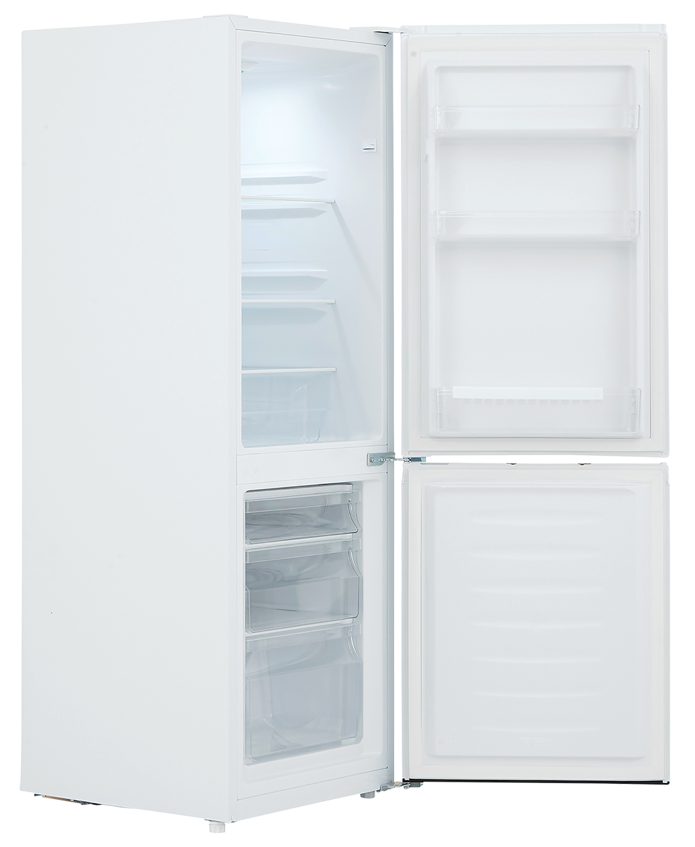 A white refrigerator with both doors open, showing shelves and drawers. It is well lit inside.