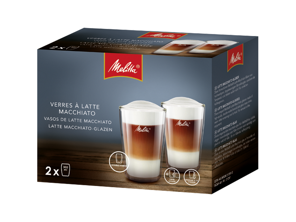 Caja de dos vasos de latte macchiato, marca Melitta, con un símbolo de doble pared.