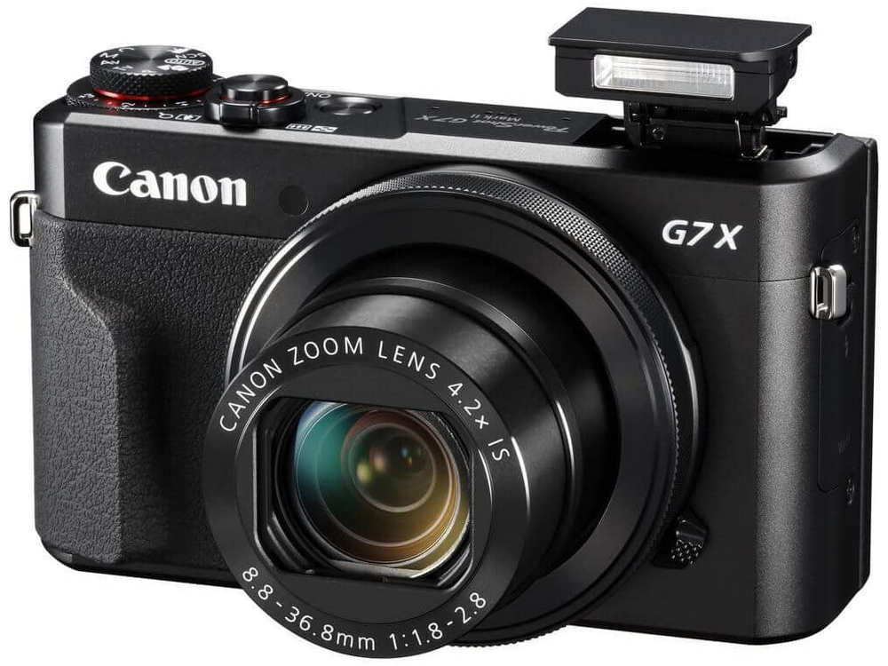Cámara Canon G7X Mark II negra con lente y flash.