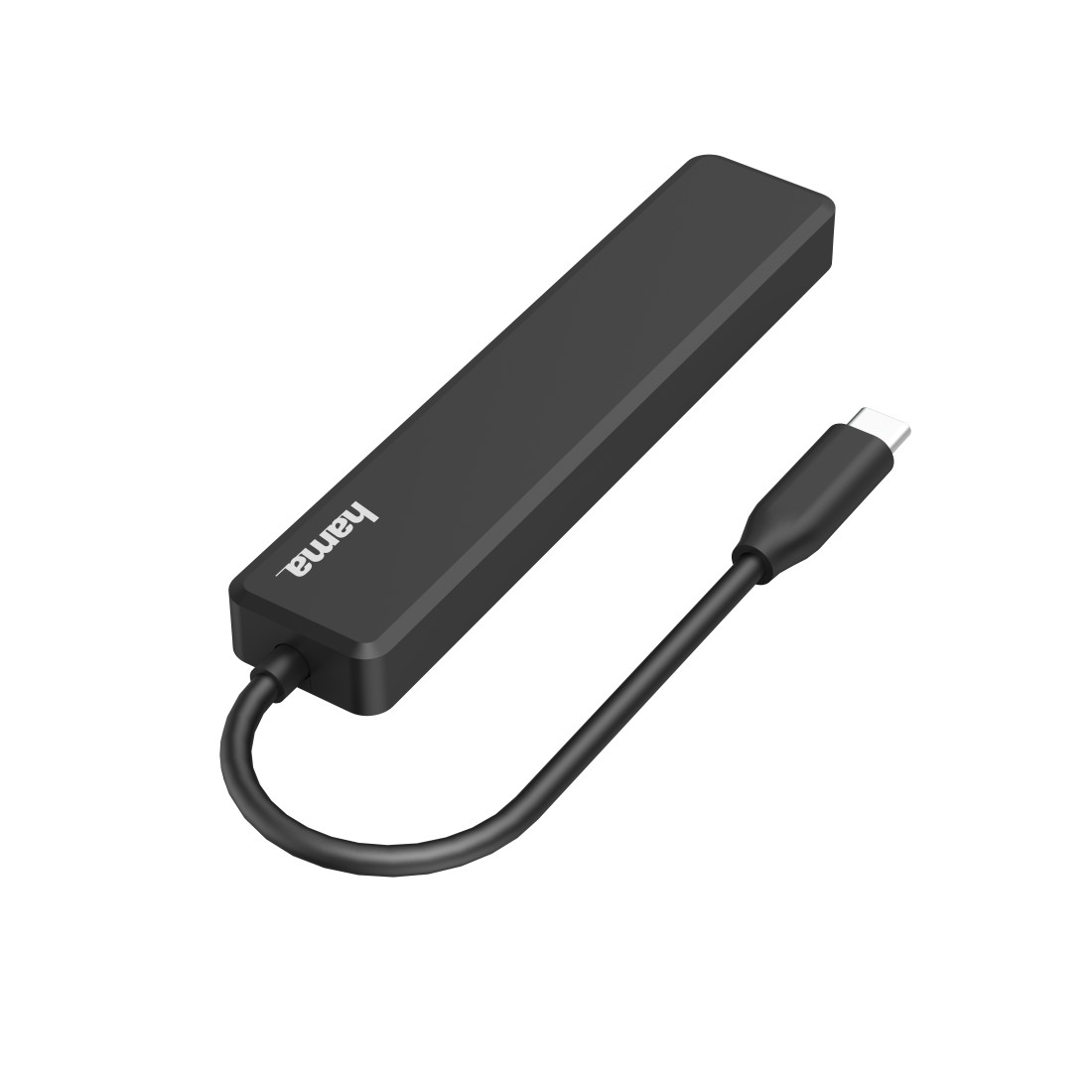 Ein schwarzer Hama USB-C-Hub. Er hat einen langen, rechteckigen Körper und ein Kabel mit USB-C-Anschluss.