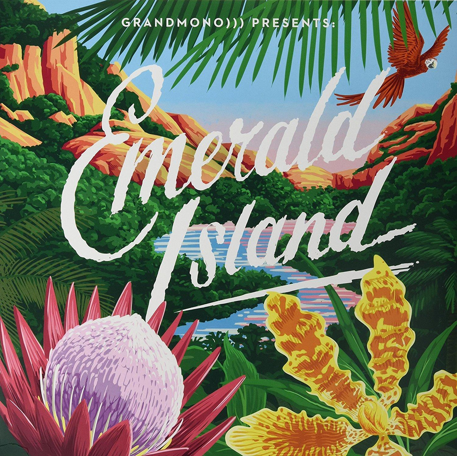 Emerald Island Albumcover. Tropische Szene mit Fluss, Blumen und einem Papagei.