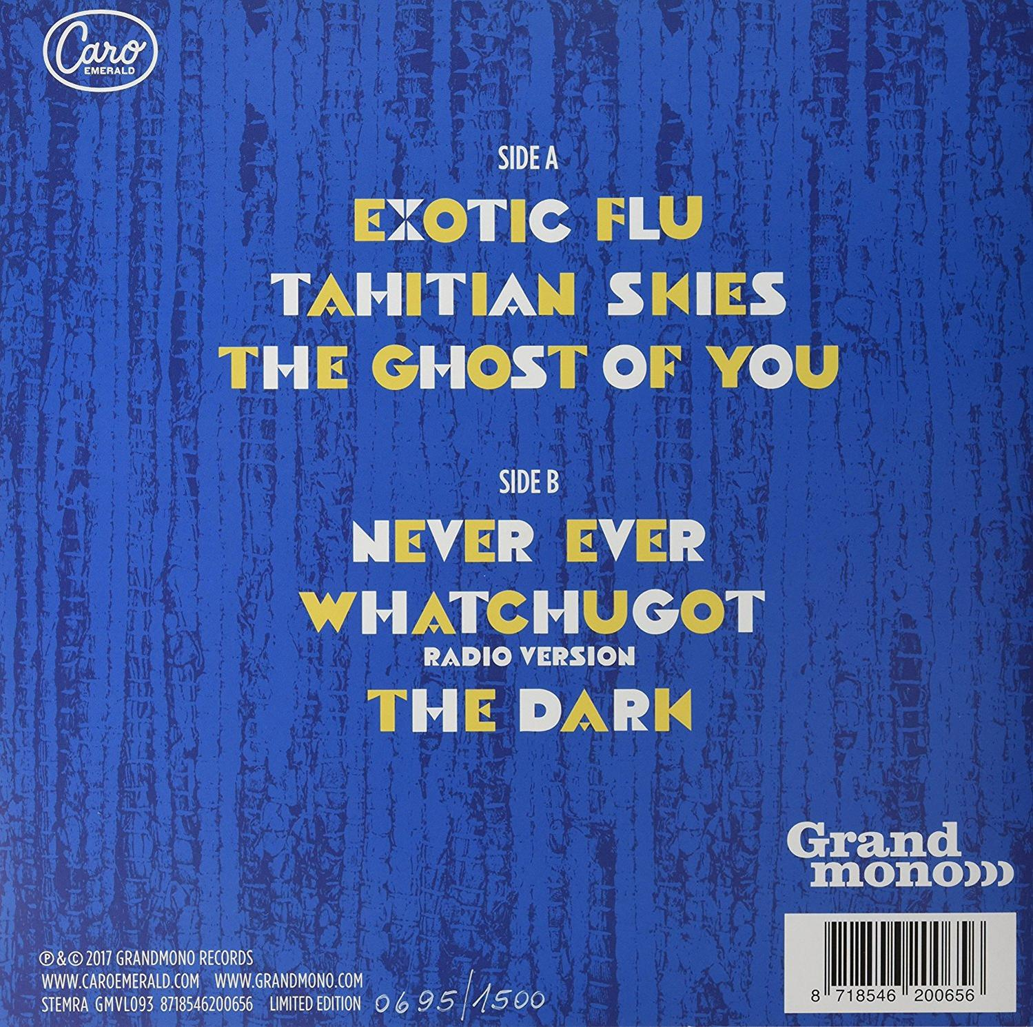 Albumcover mit Text. Blauer Hintergrund mit Text in Weiß und Gelb. Seite A und B aufgelistet.
