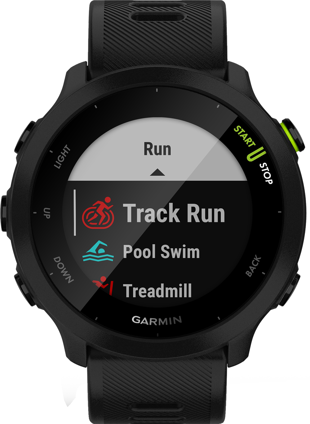 Zwart Garmin horloge met trainingsopties: Hardlopen, Baan, Zwemmen, Loopband.