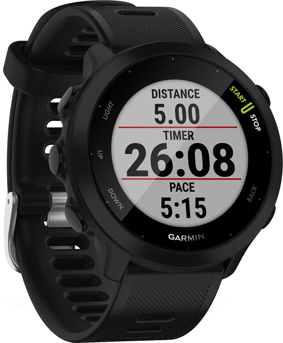 Zwart Garmin-horloge dat afstand, timer en tempo weergeeft, met knoppen.