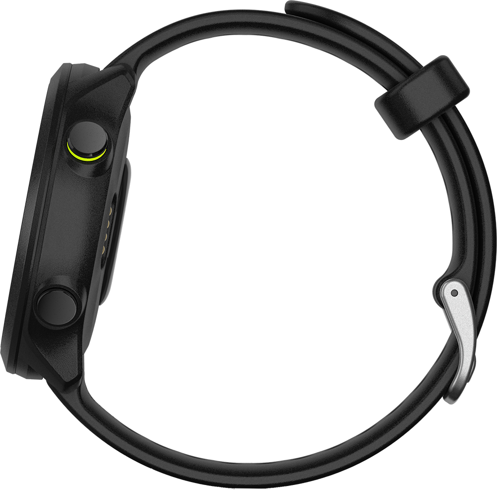 Zwarte smartwatch met zwarte band, zijaanzicht. Twee knoppen en een groene markering.