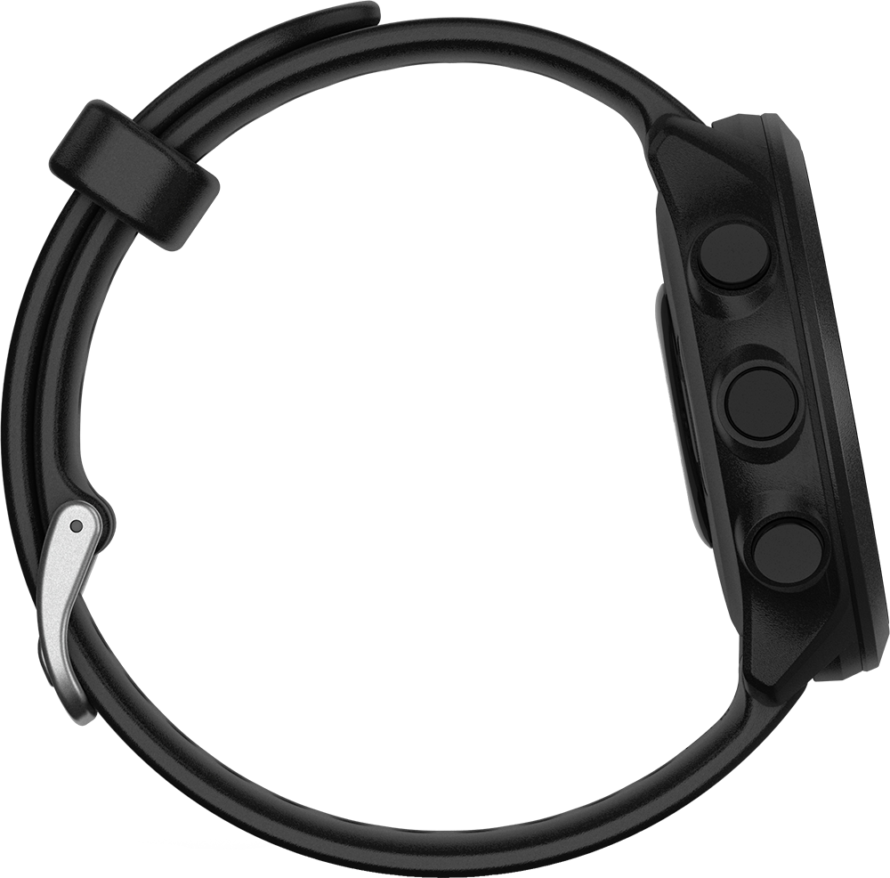 Zwart Garmin horloge, zijaanzicht. Drie knoppen aan de zijkant met een zwarte band.