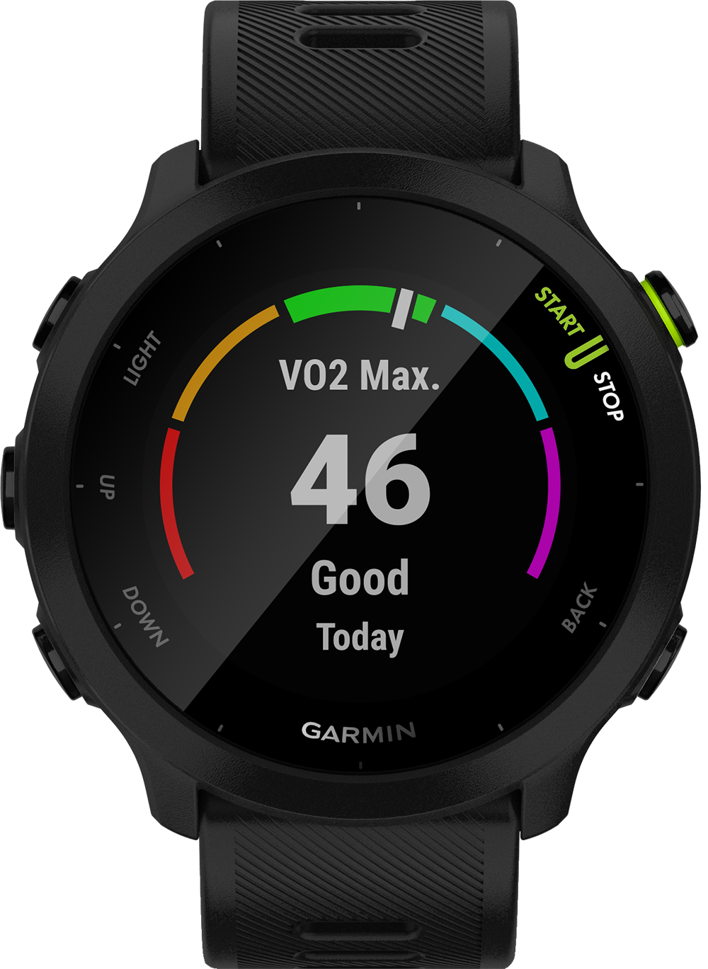 Zwart Garmin horloge met VO2 Max en andere fitnessgegevens. Het is een smartwatch.