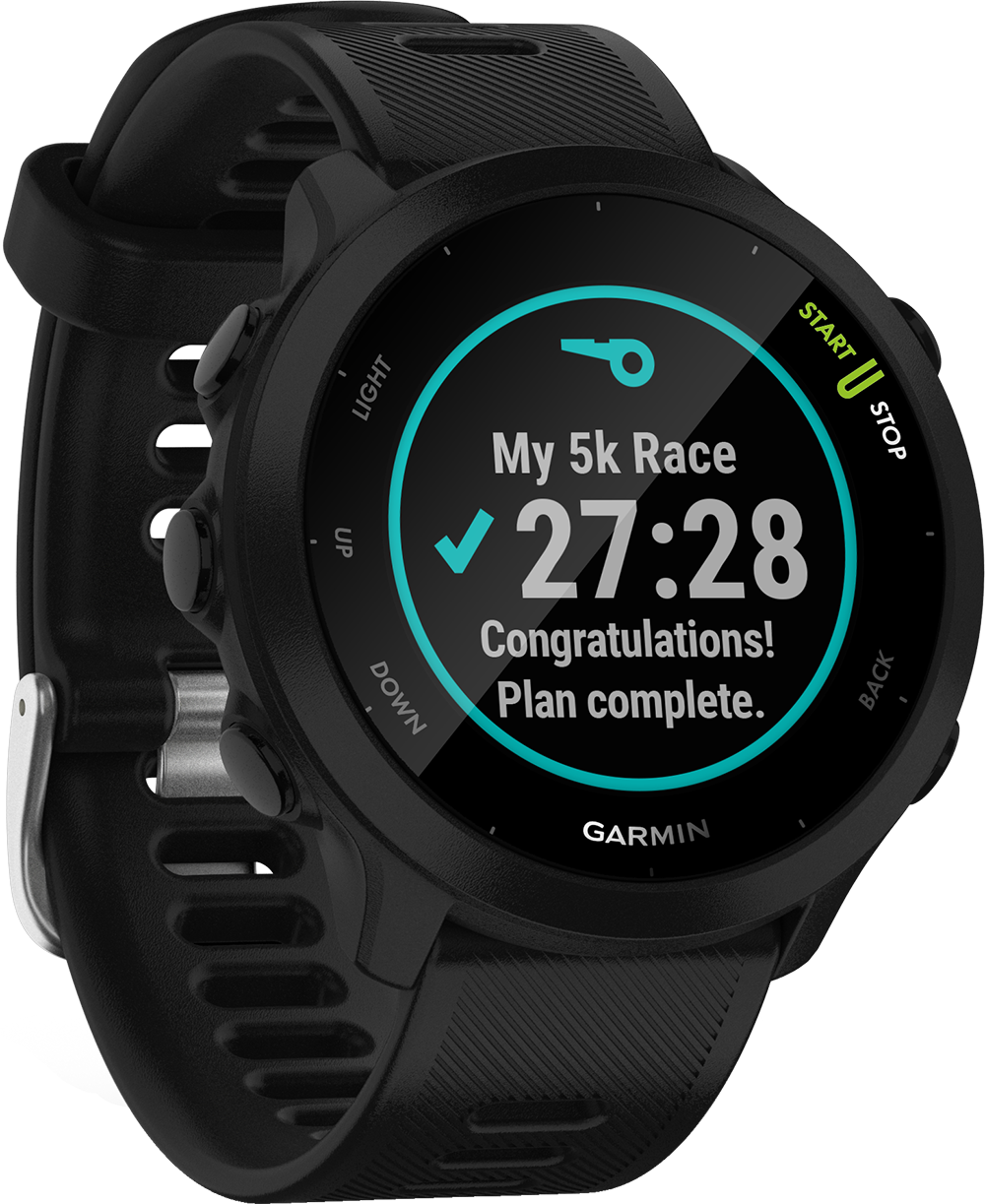 Zwart Garmin horloge met een race voltooiingsscherm. Het horloge heeft een zwarte band.