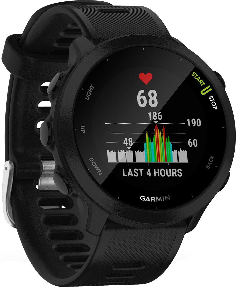 Zwarte Garmin smartwatch met hartslagweergave en andere gezondheidsstatistieken op het scherm.