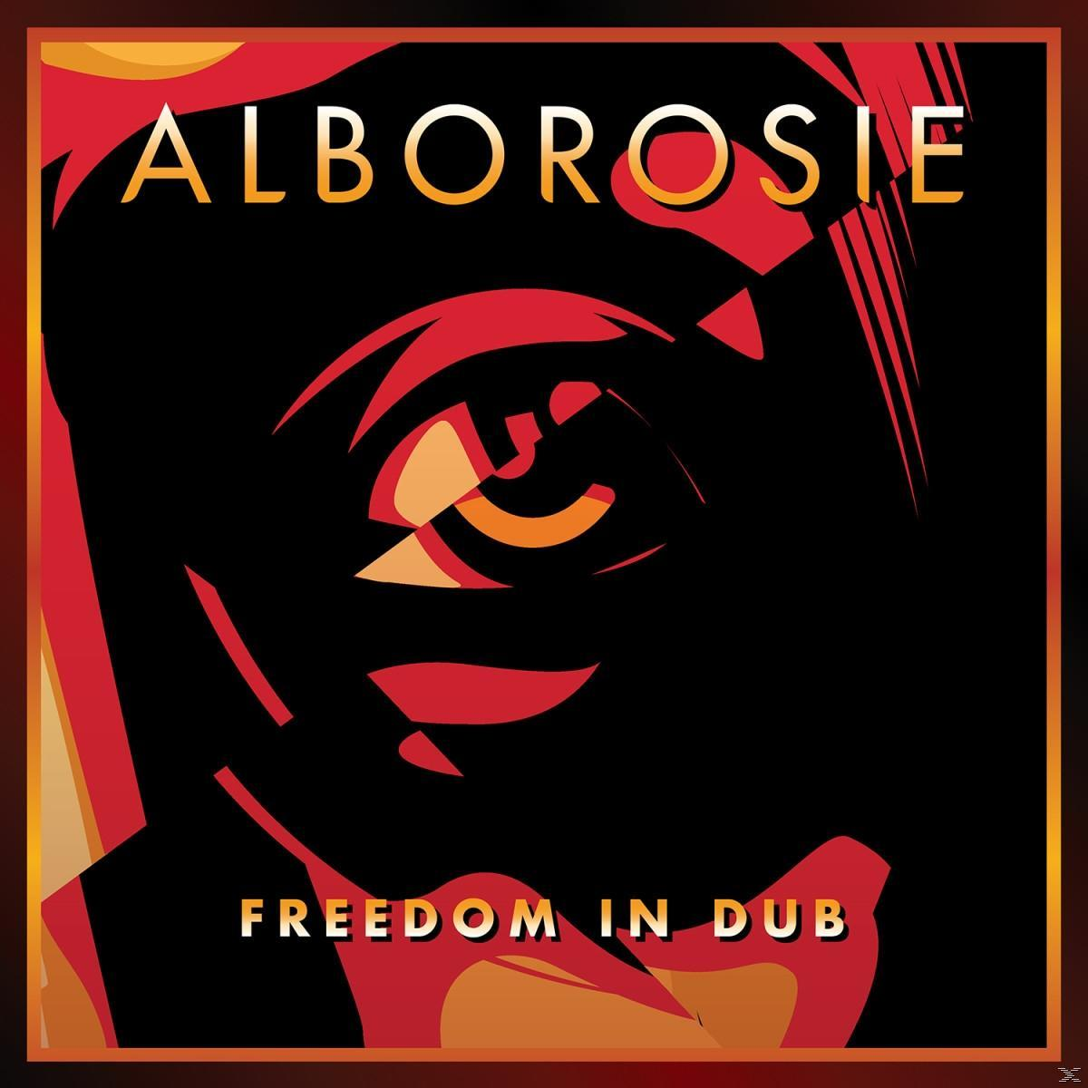 Albumcover mit Alborosie, rotem und schwarzem Design, mit Gesicht, Auge und Text Freedom in Dub.