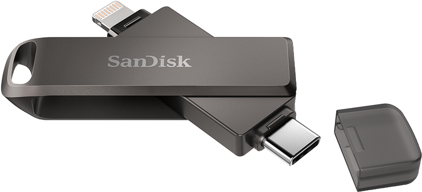 Sandisk USB meghajtó. Két különböző csatlakozóval rendelkezik. Lightning és USB-C.