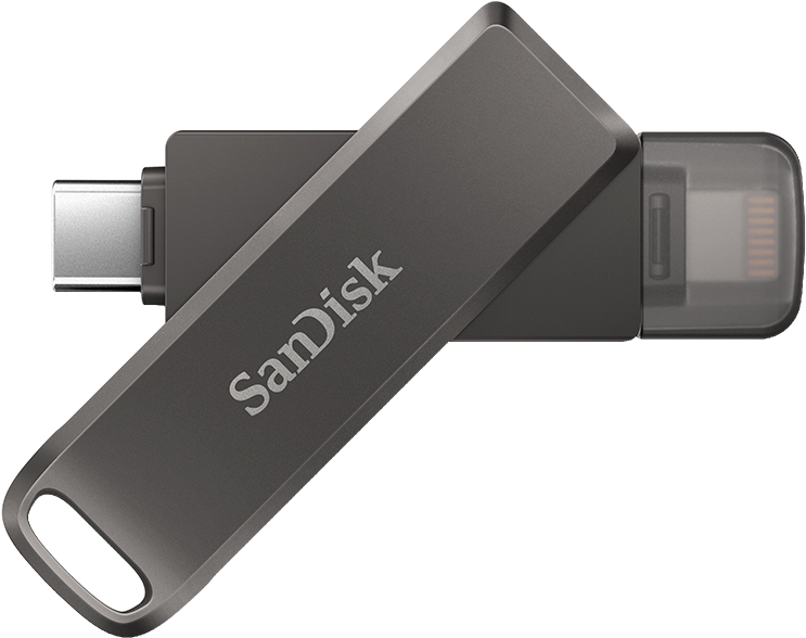 Egy szürke SanDisk USB flash meghajtó átlátszó kupakkal.