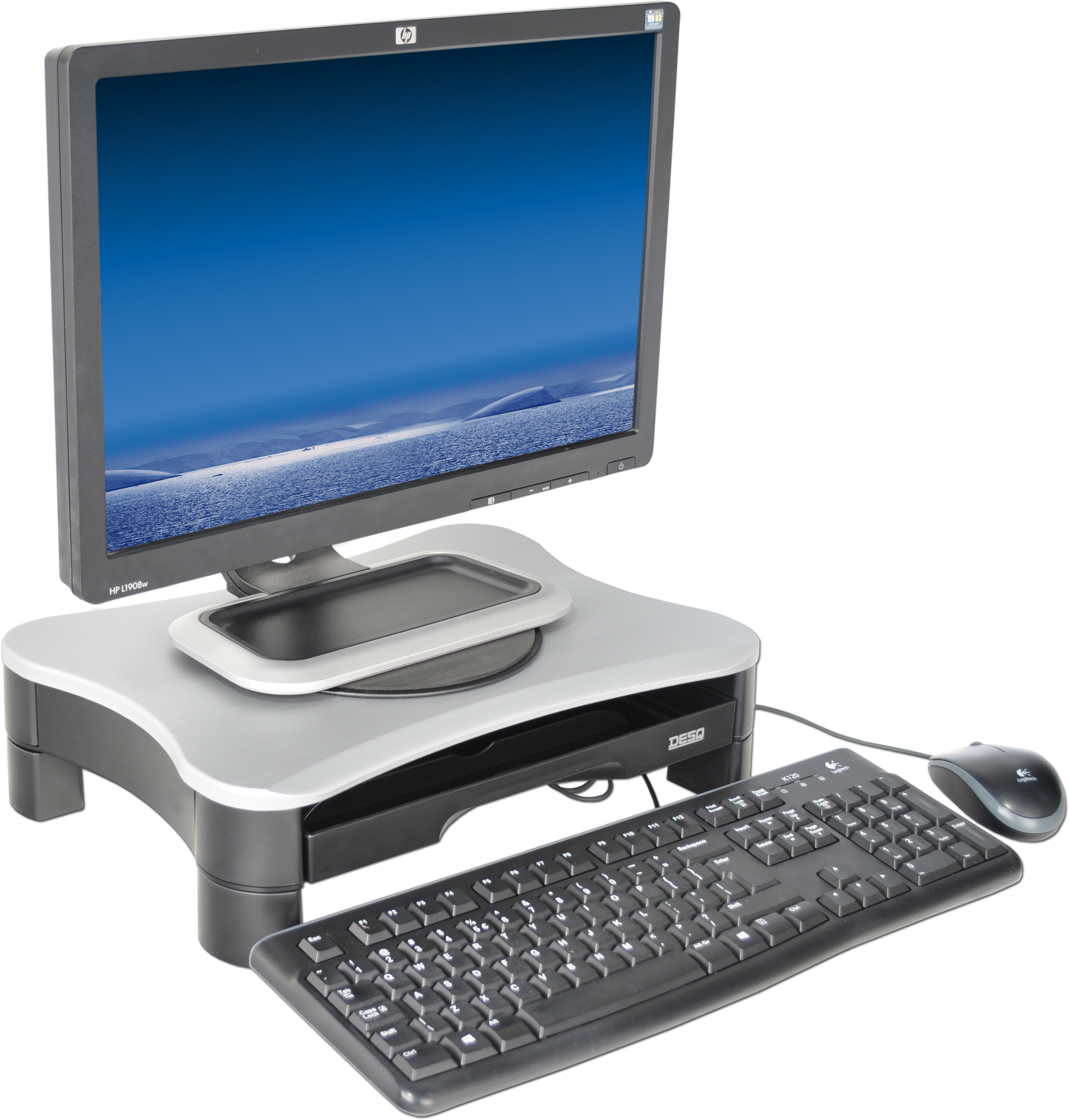 Computer-Setup: Monitor, Ständer, Tastatur und Maus auf schwarzem Hintergrund.