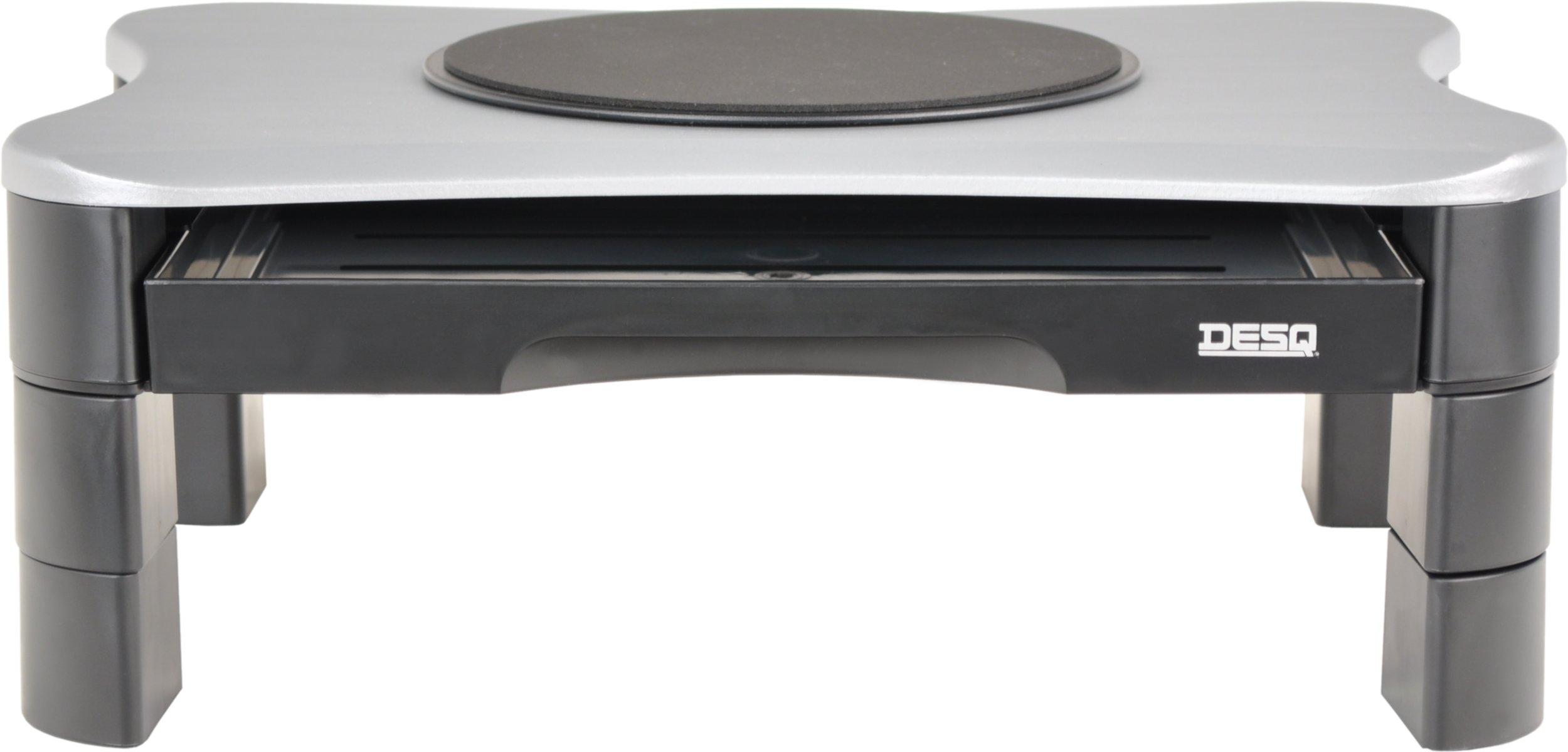 Ein schwarzer Schreibtischständer mit Schublade und drehbarem Oberteil.