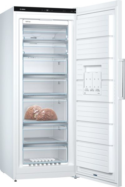 White refrigerator with the door open, showing shelves and contents.