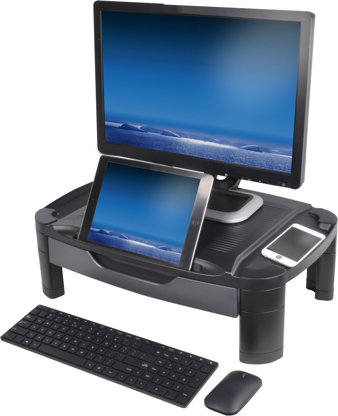 Schwarzer Monitorständer mit Monitor, Tablet und Smartphone sowie Tastatur und Maus.