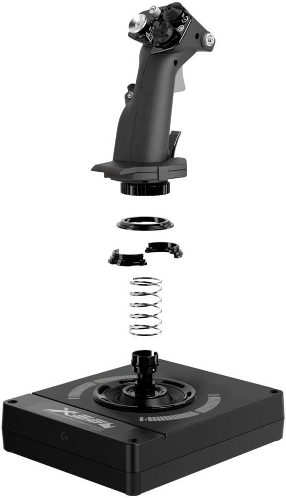 Flight stick disassembled. Black and grey components, spring, and base.